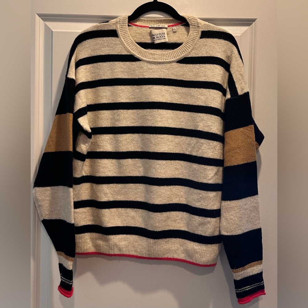 Scotch & Soda Striped Black and Cream Sweater with pink accent.